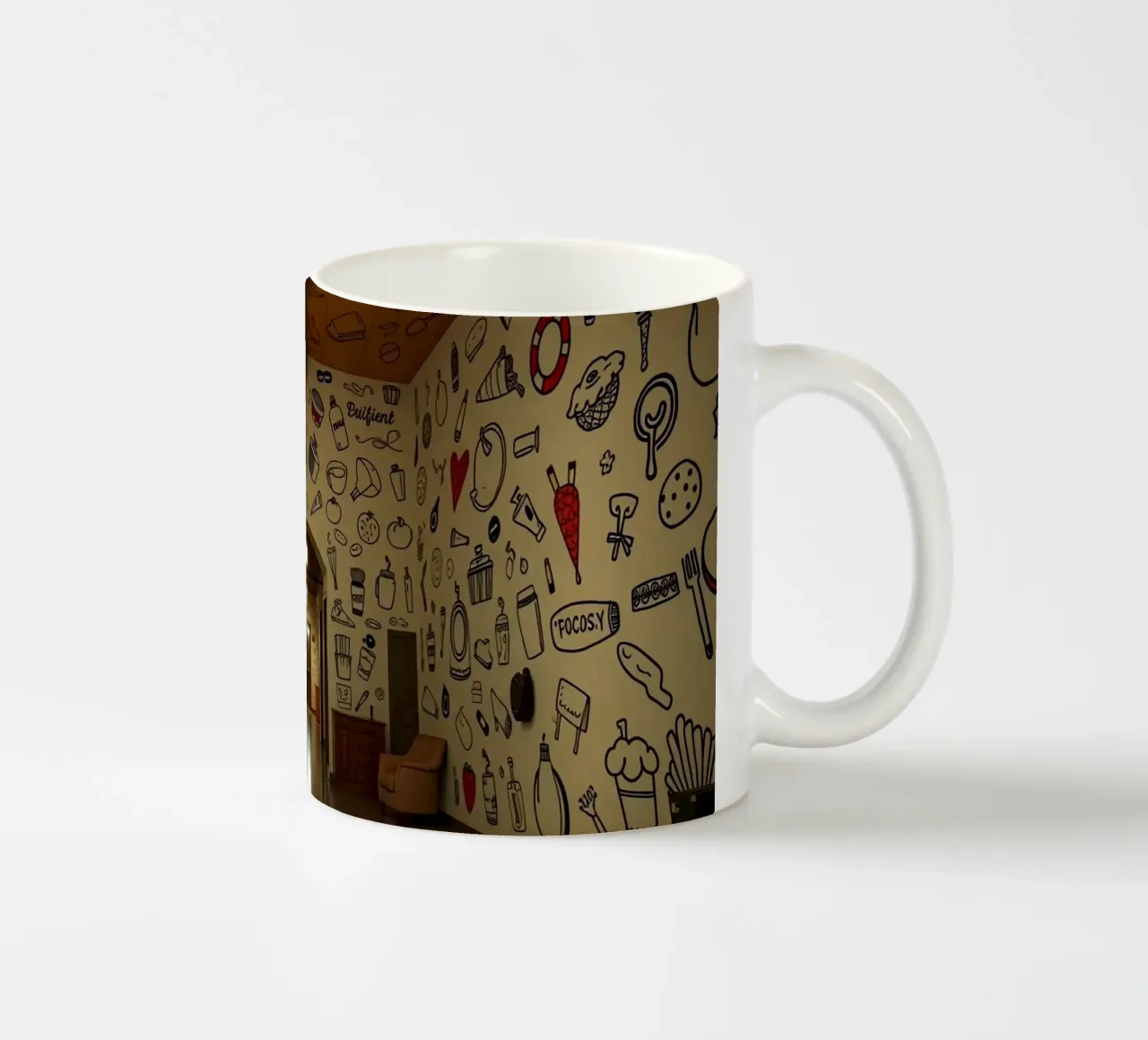Murale con illustrazioni di cibi e bevande in una hallwa tazza in ceramica da DesignDoodle