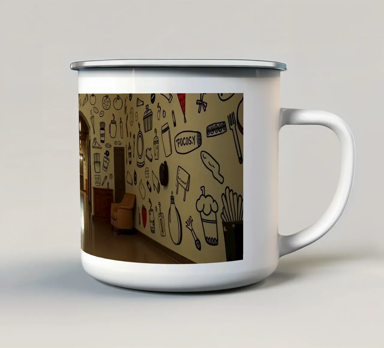 Murale con illustrazioni di cibi e bevande in una hallwa tazza in smalto da DesignDoodle
