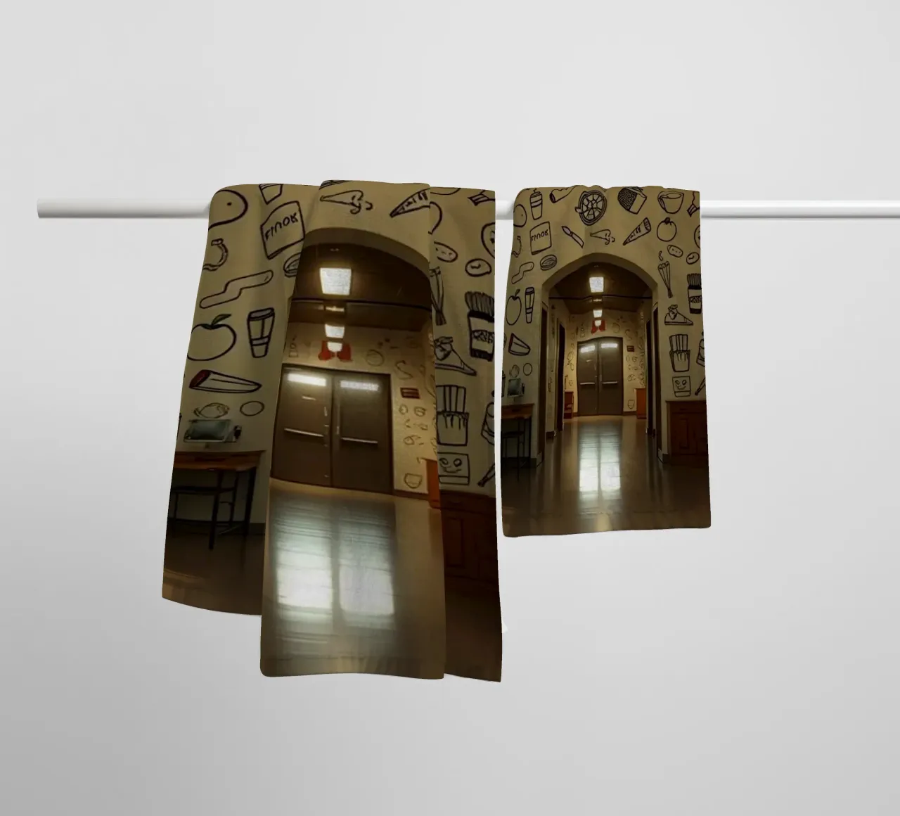 Murale con illustrazioni di cibi e bevande in una hallwa asciugamano da bagno da DesignDoodle