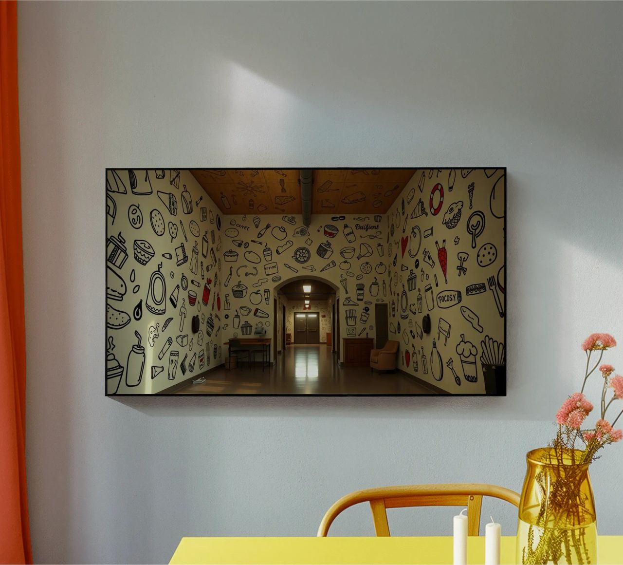 Mural con ilustraciones de comida y bebida en un hallwa metacrilato de DesignDoodle