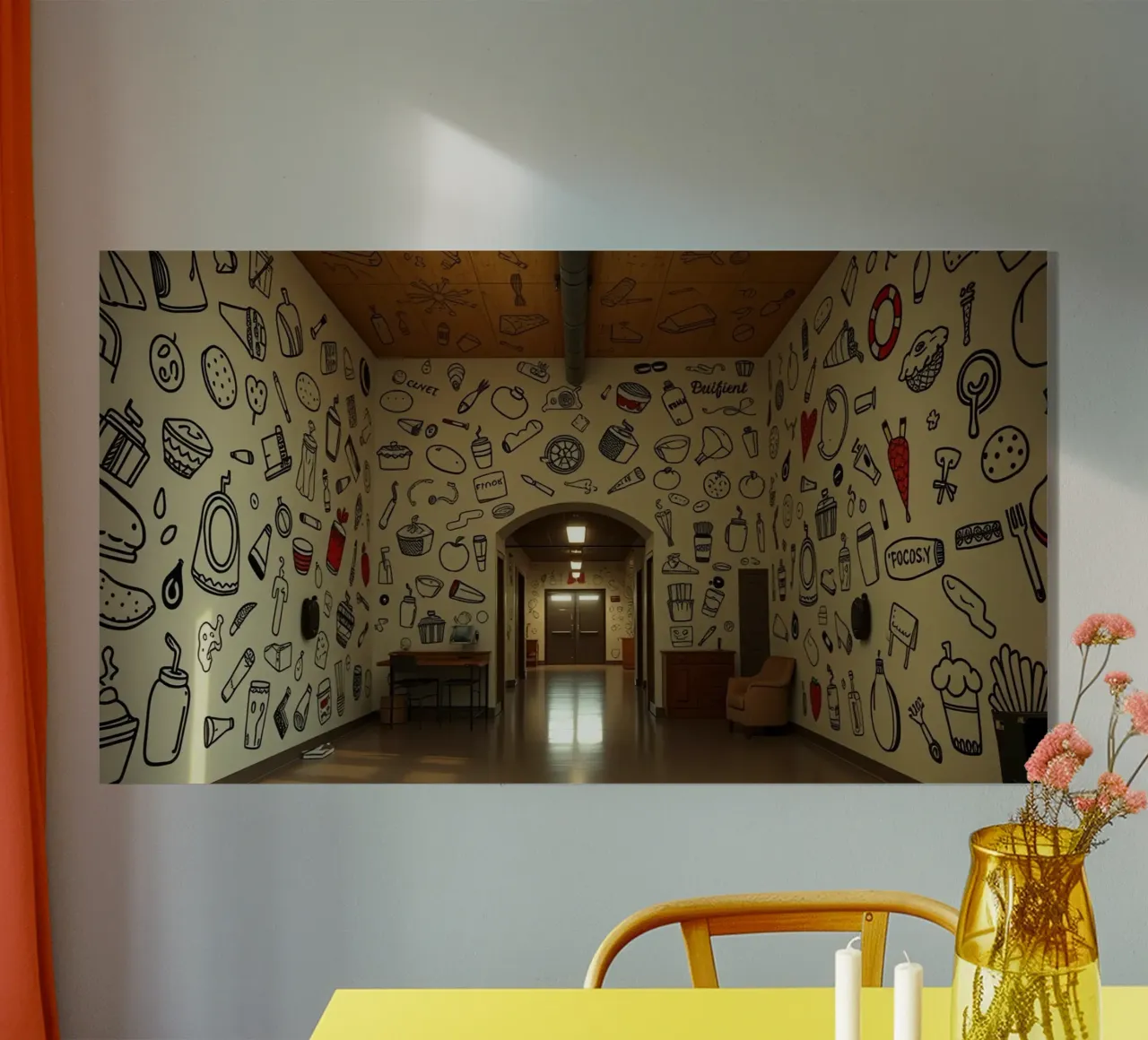 Murale con illustrazioni di cibi e bevande in una hallwa plexiglass da DesignDoodle