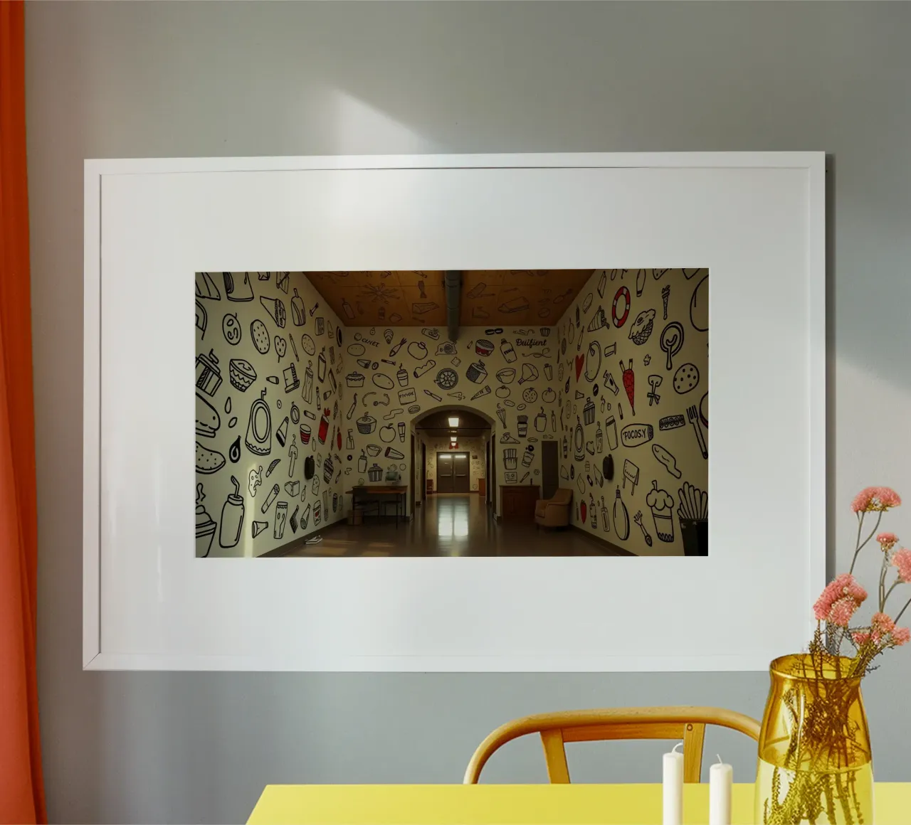 Murale con illustrazioni di cibi e bevande in una hallwa carta hahnemühle da DesignDoodle