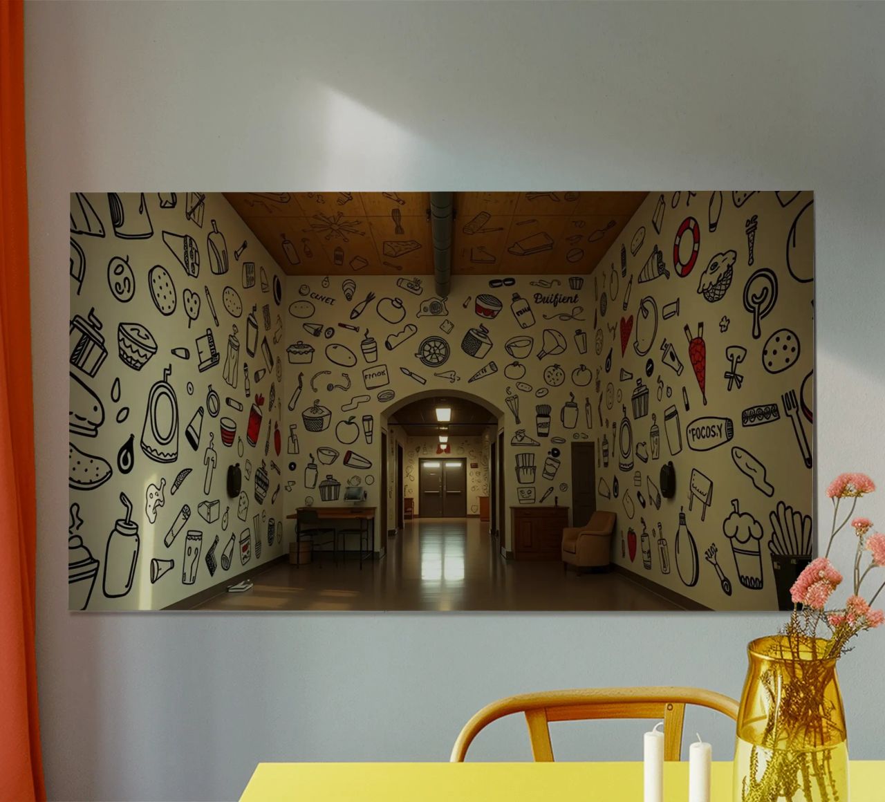 Mural con ilustraciones de comida y bebida en un hallwa poster de DesignDoodle