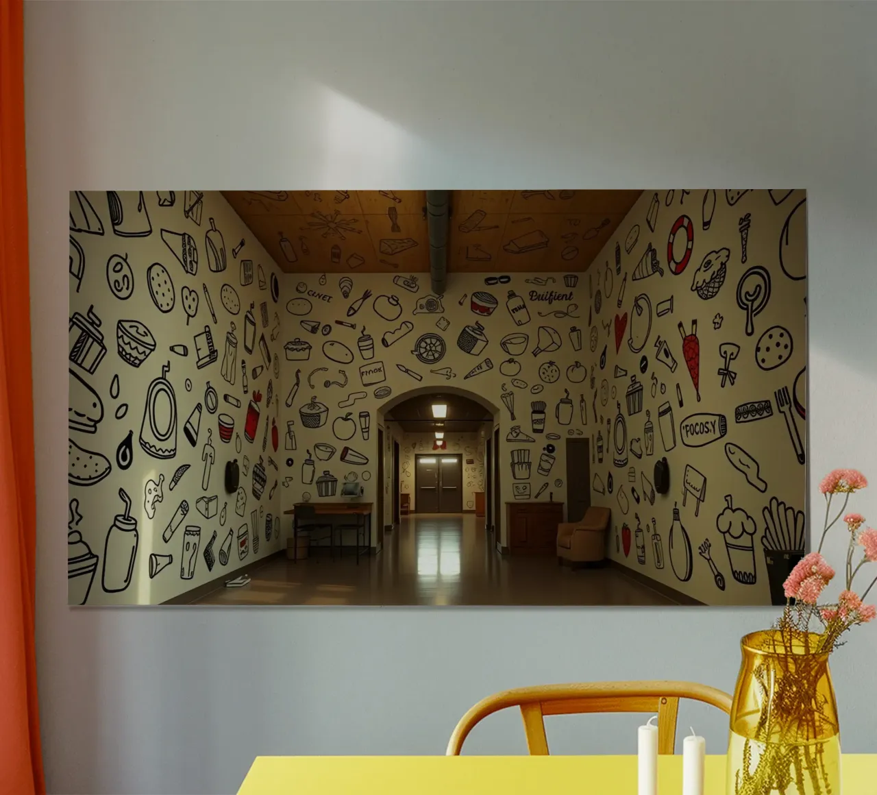 Murale con illustrazioni di cibi e bevande in una hallwa carta hahnemühle da DesignDoodle