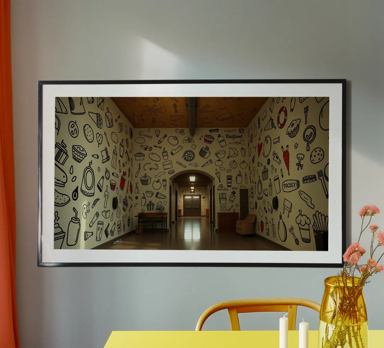 Murale con illustrazioni di cibi e bevande in una hallwa carta hahnemühle da DesignDoodle