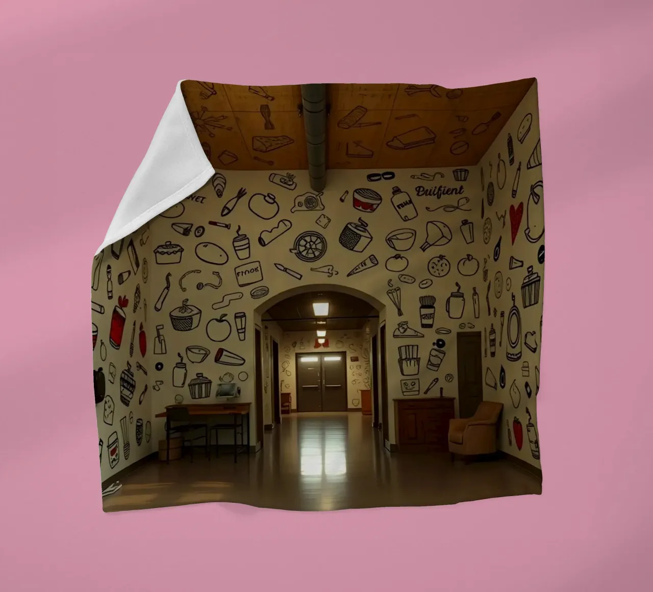 Murale con illustrazioni di cibi e bevande in una hallwa coperta in pile da DesignDoodle