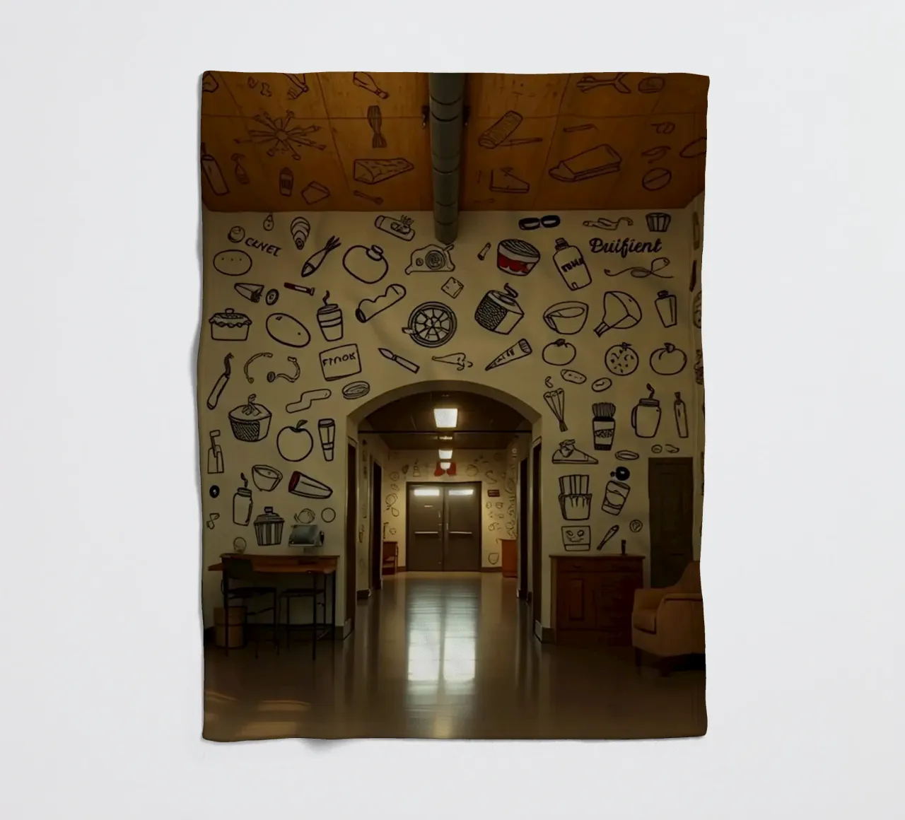 Murale con illustrazioni di cibi e bevande in una hallwa coperta in pile da DesignDoodle