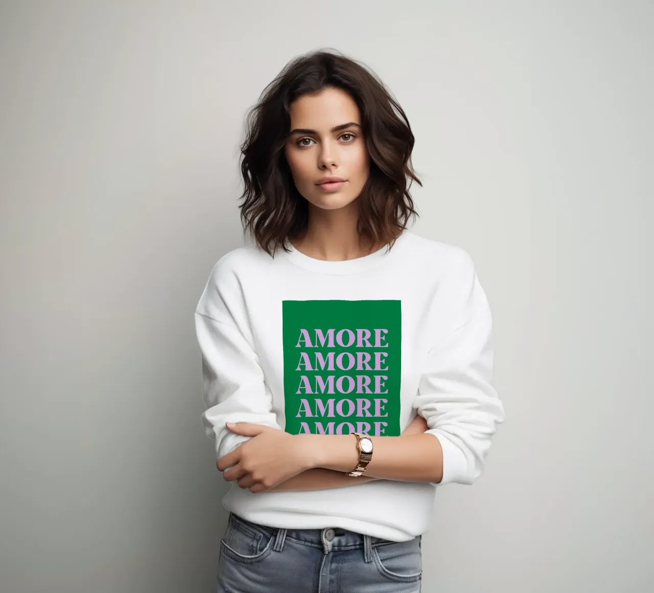 “AMORE” Repeated Typography Art in Pink and Green sweatshirt by pdigitalprints