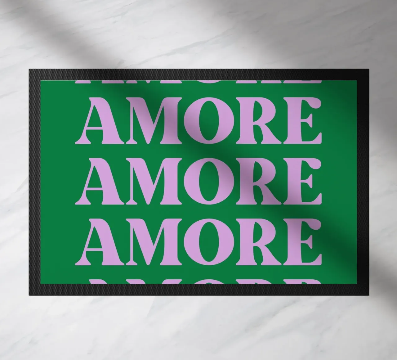 “AMORE” Repeated Typography Art in Pink and Green doormat by pdigitalprints