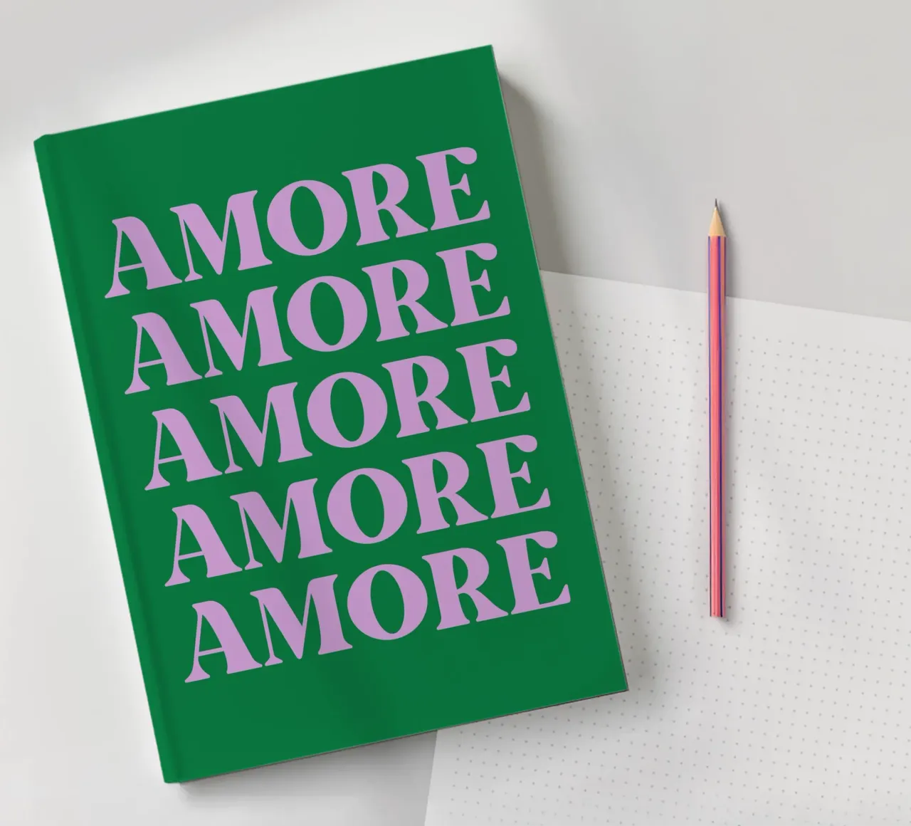 “AMORE” Repeated Typography Art in Pink and Green notebook by pdigitalprints
