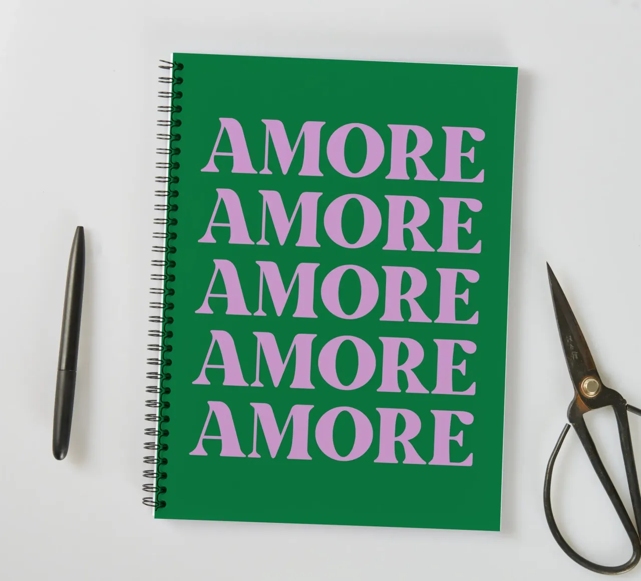 “AMORE” Repeated Typography Art in Pink and Green spiral notebook by pdigitalprints