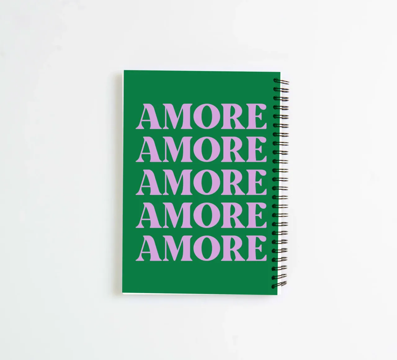 “AMORE” Repeated Typography Art in Pink and Green spiral notebook by pdigitalprints