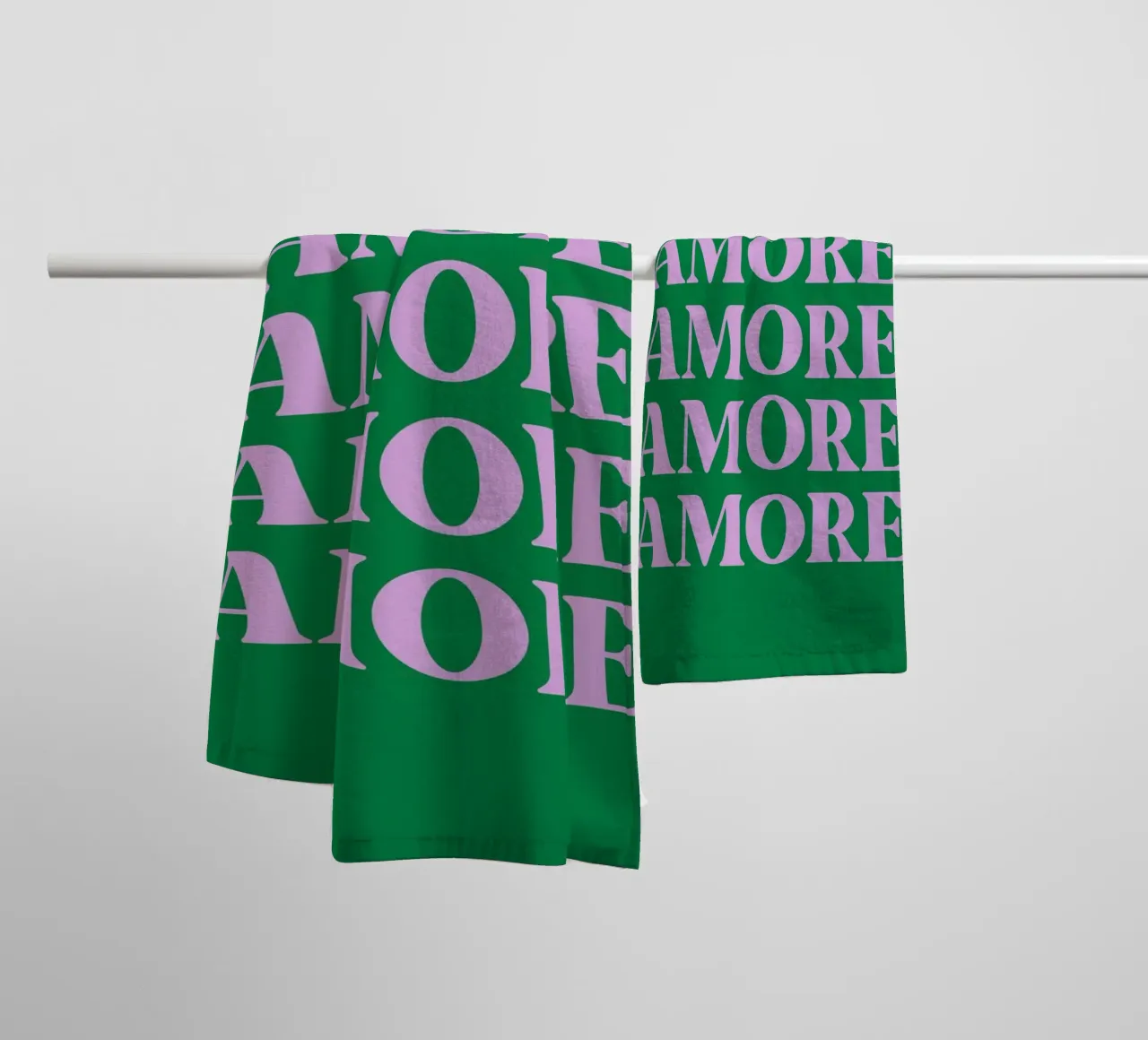 “AMORE” Repeated Typography Art in Pink and Green towel by pdigitalprints