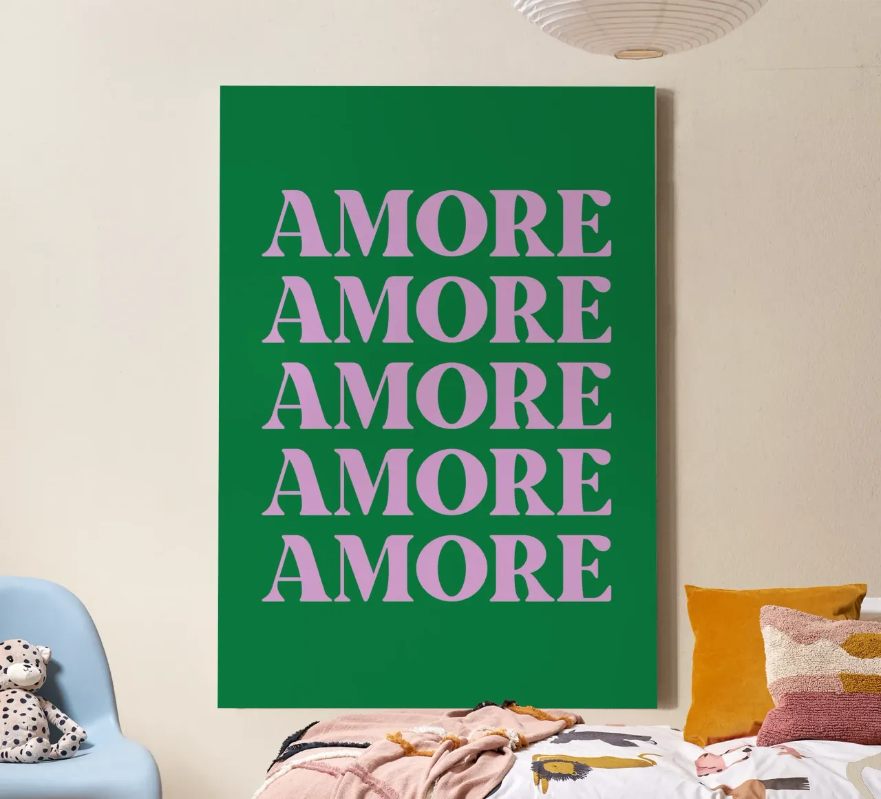“AMORE” Repeated Typography Art in Pink and Green canvas by pdigitalprints