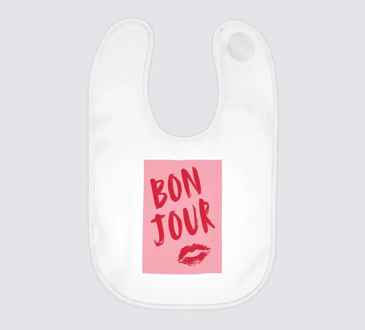 Bold Red "Bonjour" Text with Lip Print on Pink Background baby bib by pdigitalprints