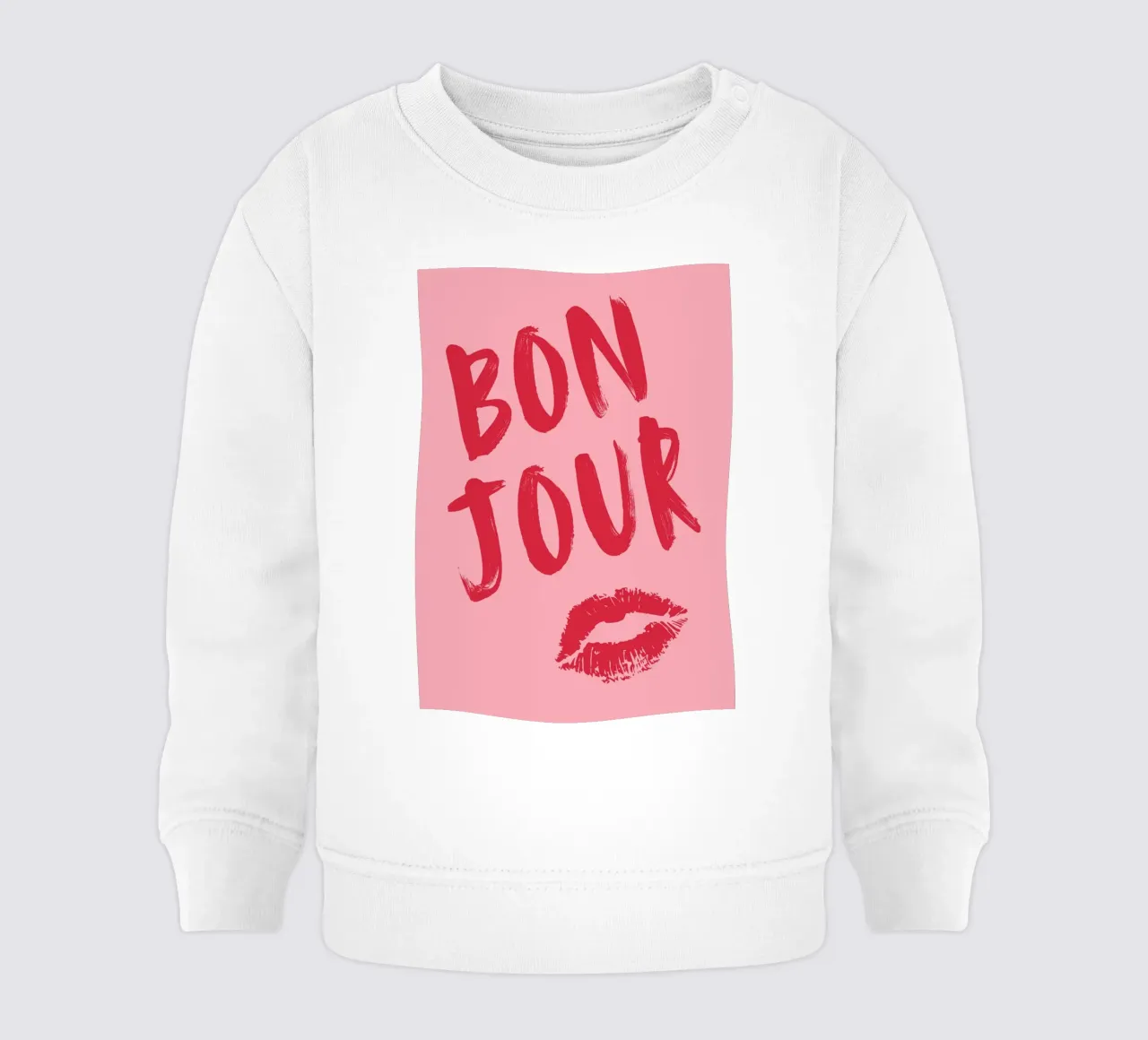 Bold Red "Bonjour" Text with Lip Print on Pink Background baby sweatshirt by pdigitalprints