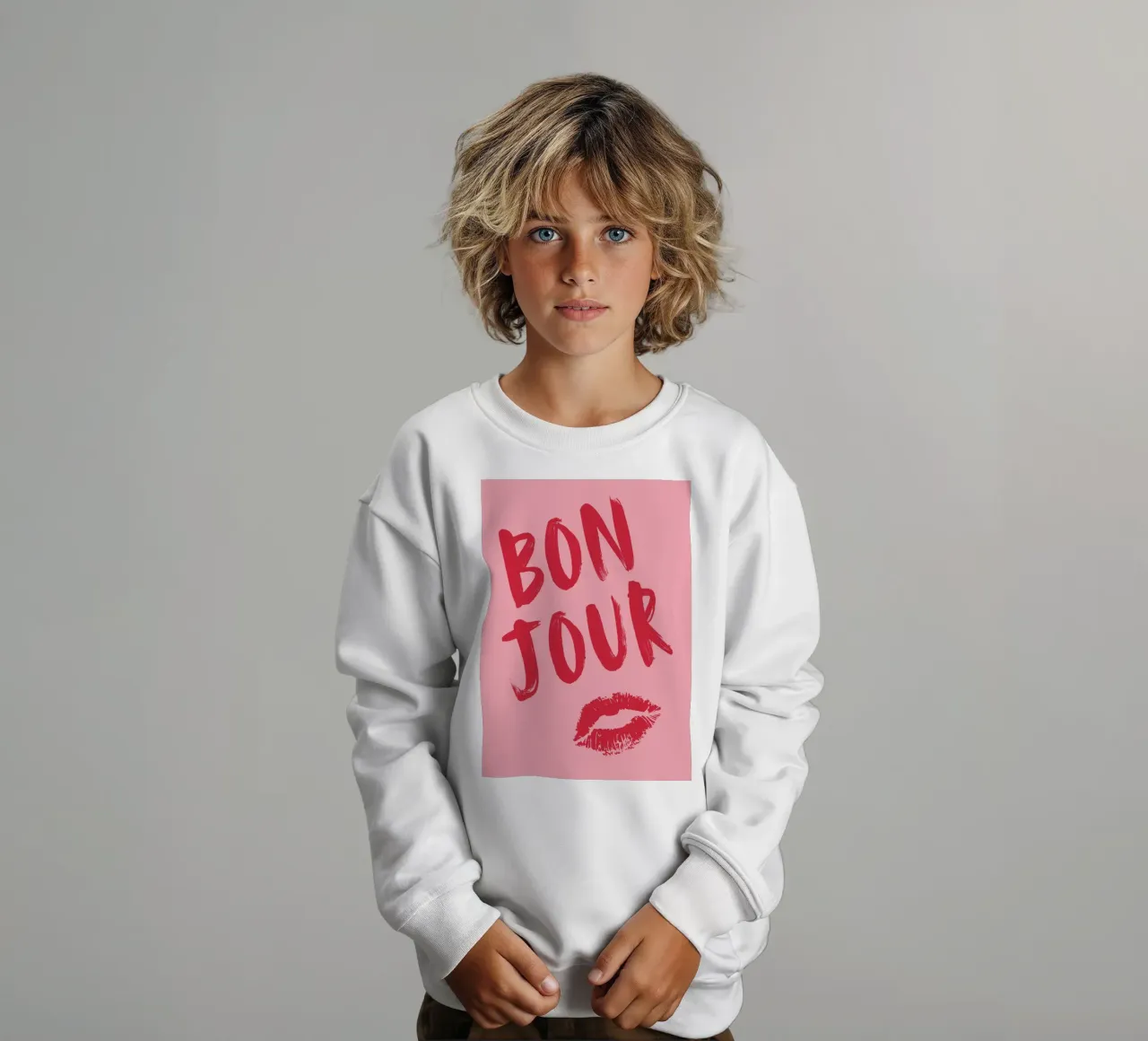 Bold Red "Bonjour" Text with Lip Print on Pink Background kids sweatshirt by pdigitalprints