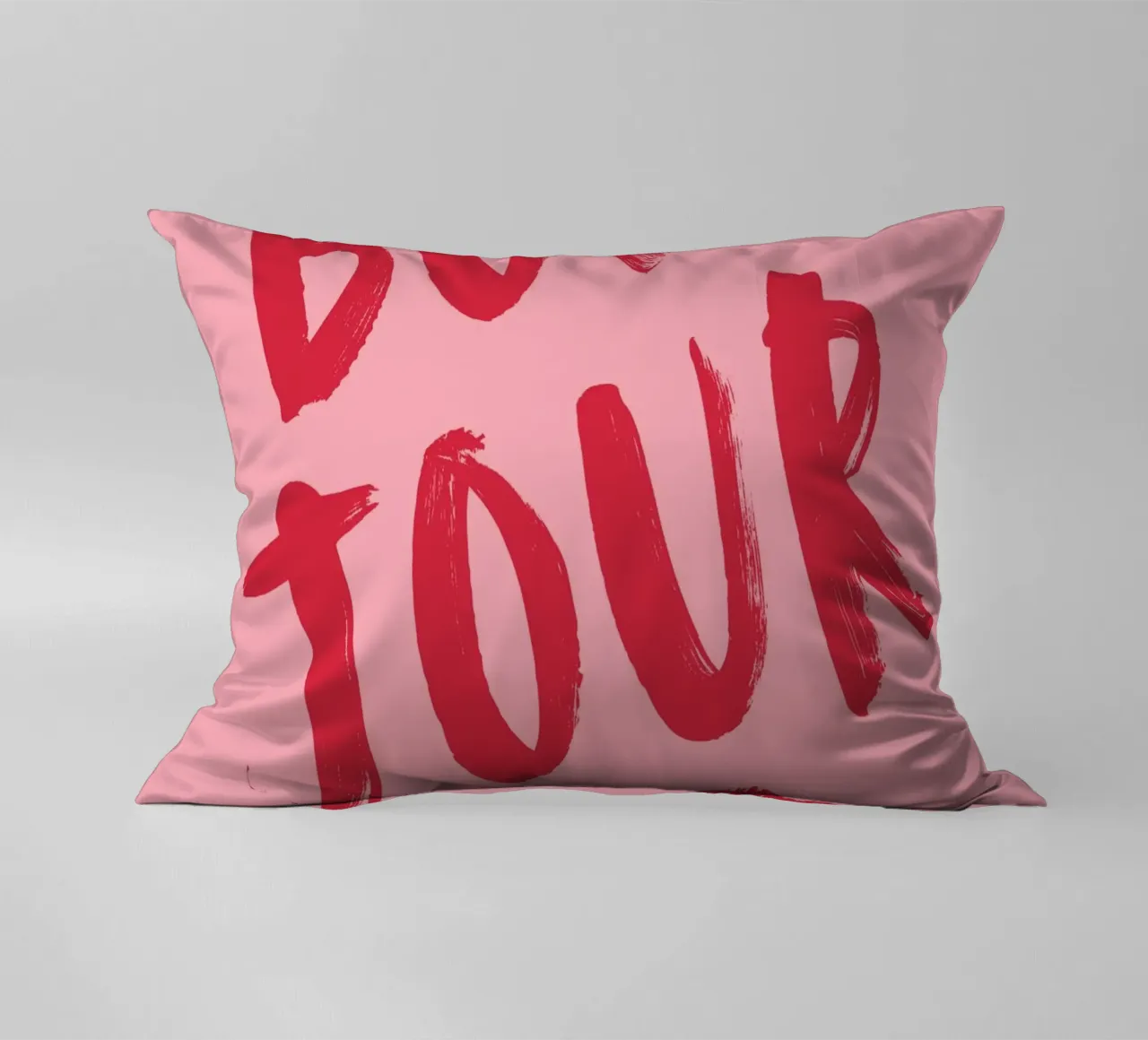 Bold Red "Bonjour" Text with Lip Print on Pink Background decorative cushion by pdigitalprints