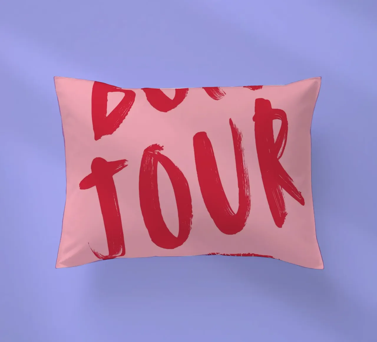 Bold Red "Bonjour" Text with Lip Print on Pink Background decorative cushion by pdigitalprints