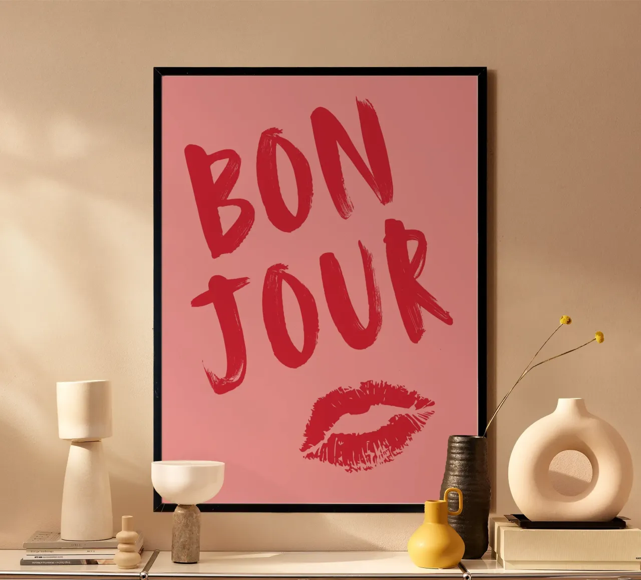 Bold Red "Bonjour" Text with Lip Print on Pink Background poster by pdigitalprints