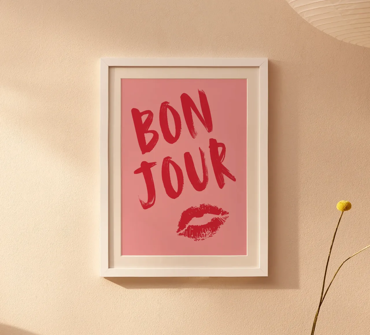 Bold Red "Bonjour" Text with Lip Print on Pink Background poster by pdigitalprints