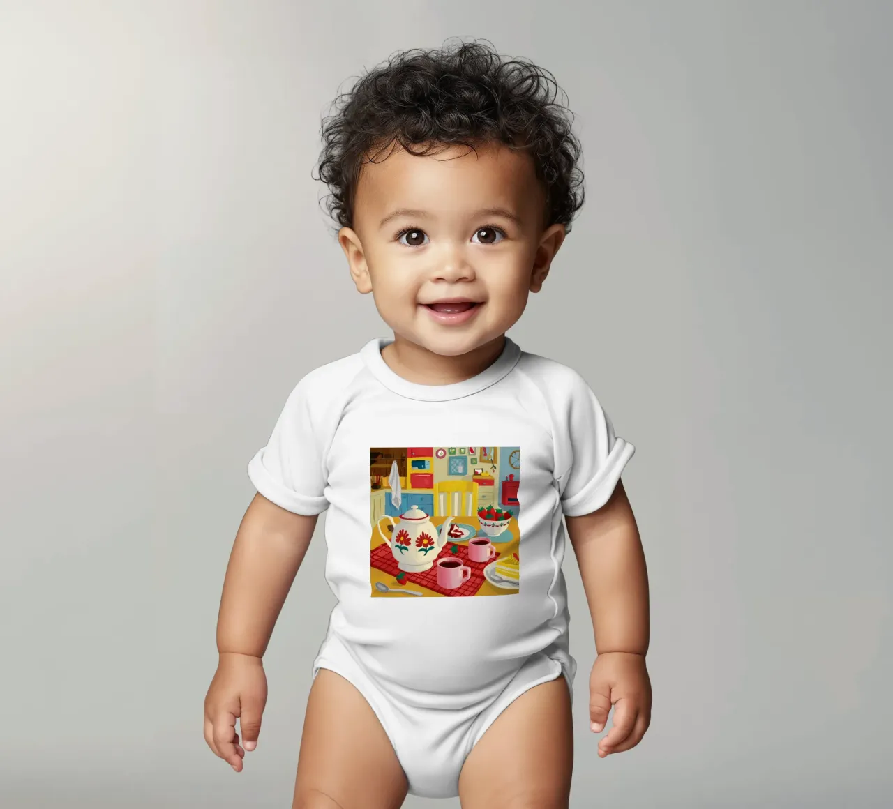 Cherry Teapot Whimsy short-sleeve baby romper by Aurora Muse