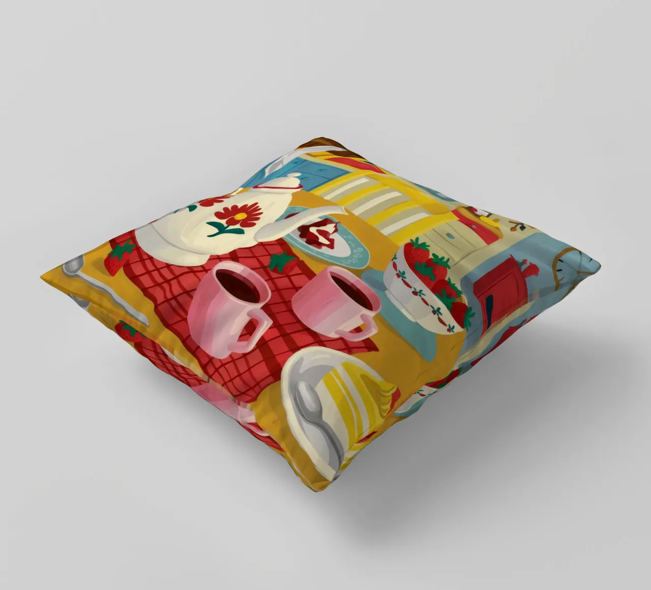 Cherry Teapot Whimsy decorative cushion by Aurora Muse