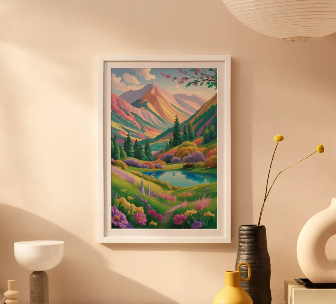 Pace sui prati di montagna poster con telaio in plastica da Aurora Muse