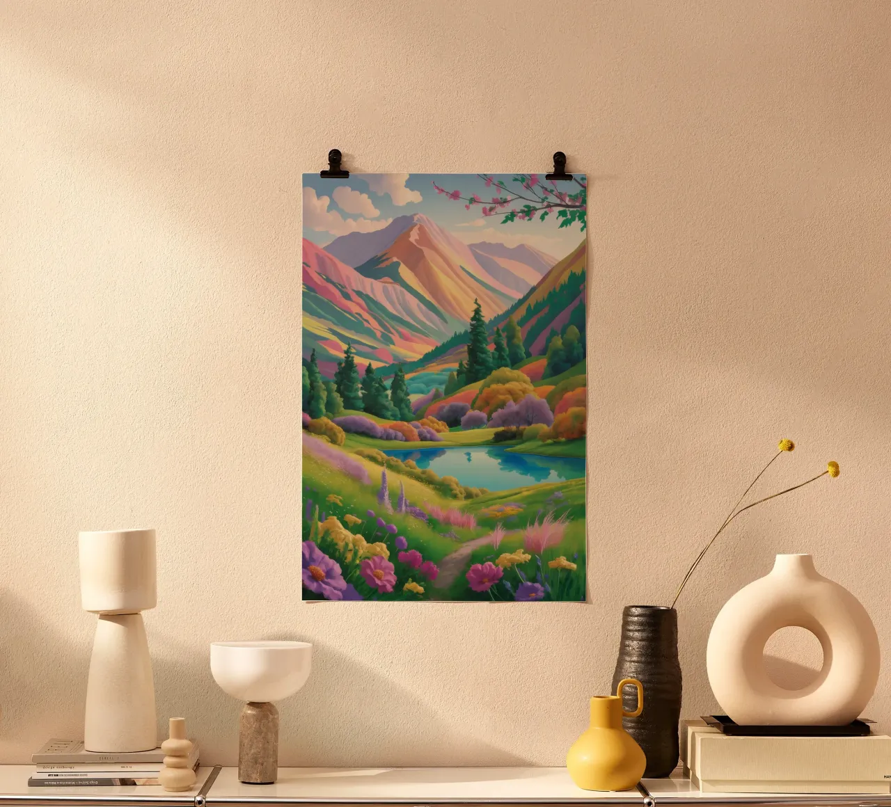 Pace sui prati di montagna poster con telaio in plastica da Aurora Muse