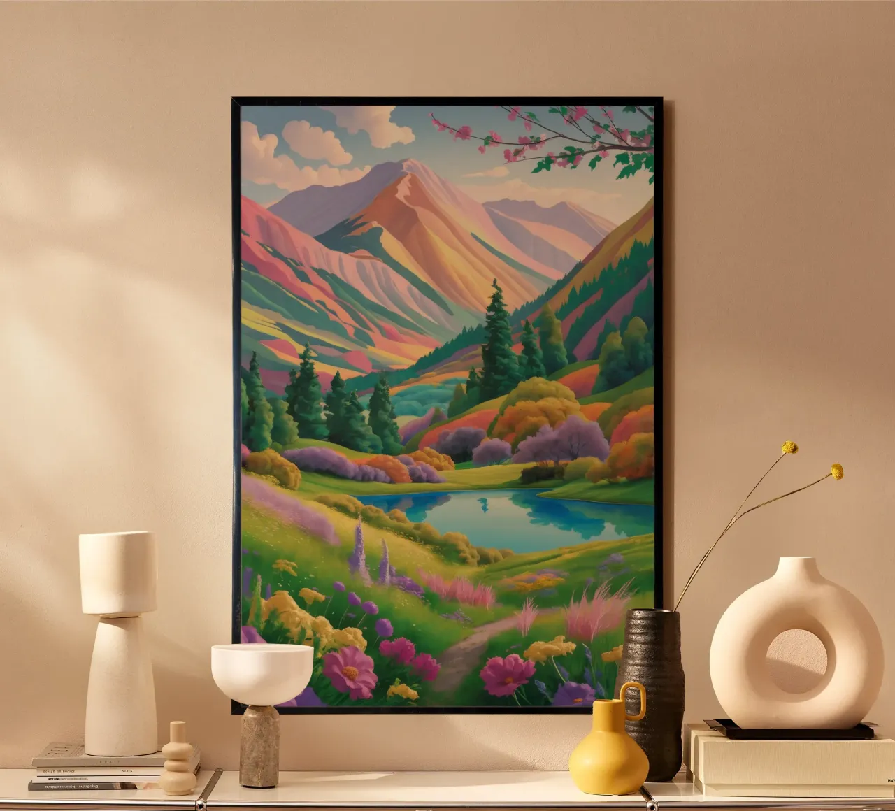 Pace sui prati di montagna poster con telaio in plastica da Aurora Muse