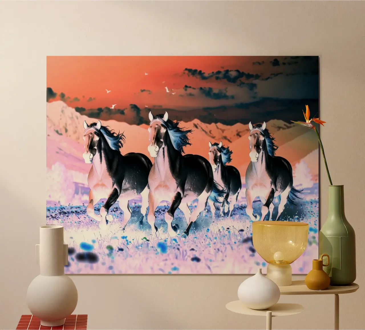Quatre chevaux qui galopent. Nocturne rose. carta hahnemühle da Thierry vobmann photography