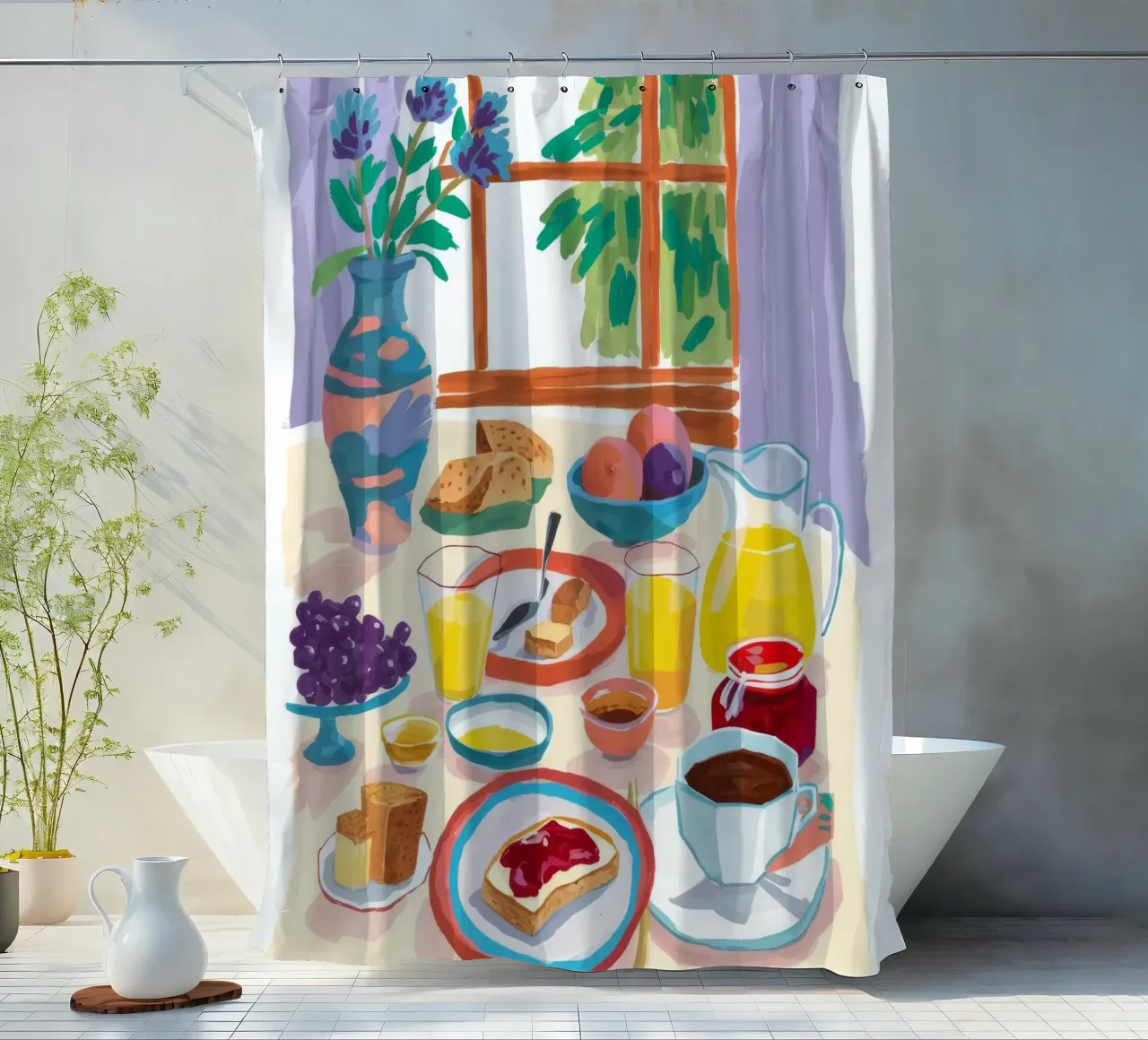 Sunlit Breakfast Still shower curtain by Aurora Muse