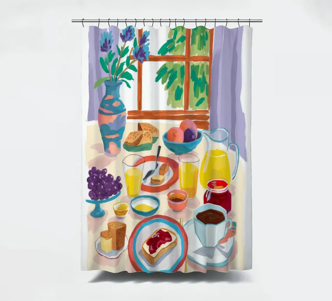 Sunlit Breakfast Still shower curtain by Aurora Muse