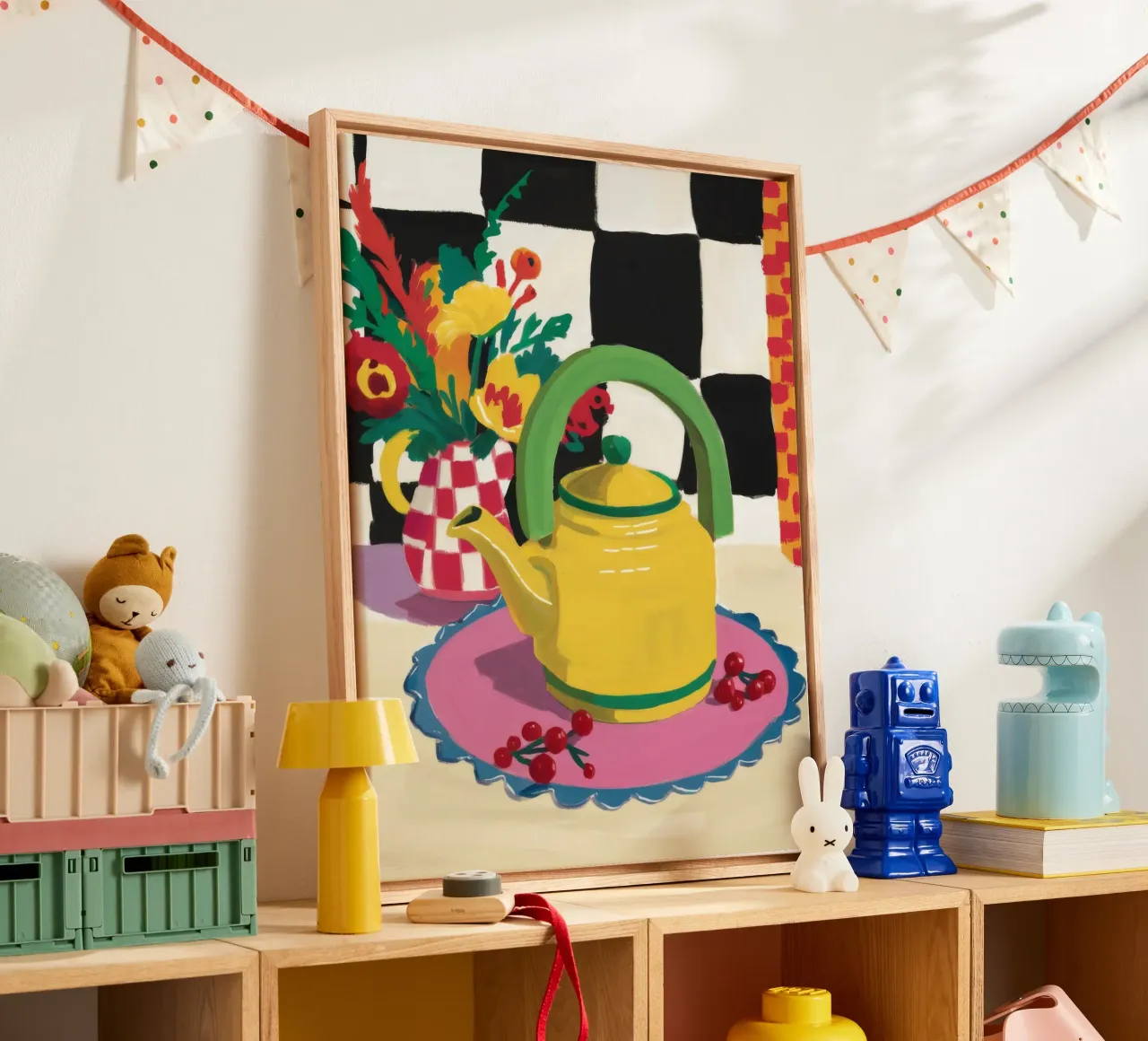 Retro Teapot Delight canvas with Floater frame by Aurora Muse