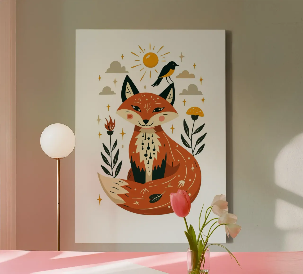Fox and Bird Illustration tela con Cornice a cassetta da ramosashop