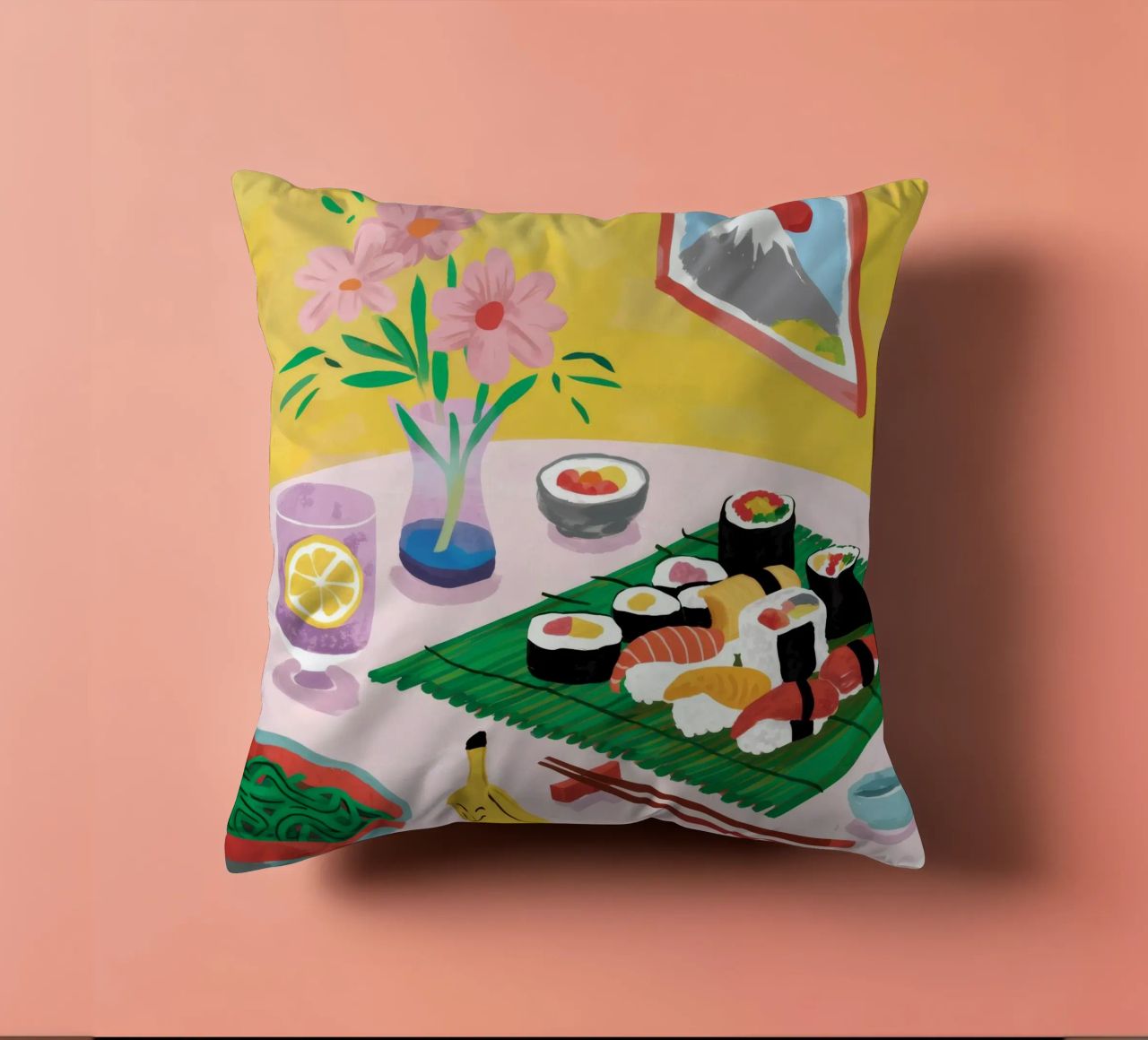 Vue sur les sushis Tranquille coussin de Aurora Muse