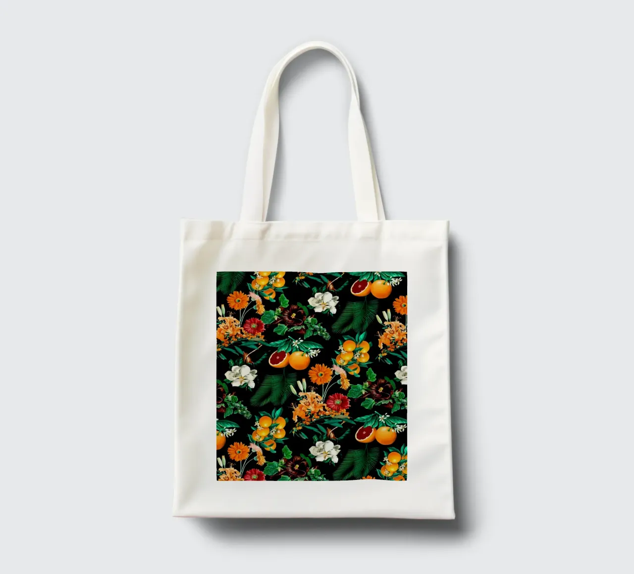 Fruits and Floral Pattern borsa in juta da burcukorkmazyurek