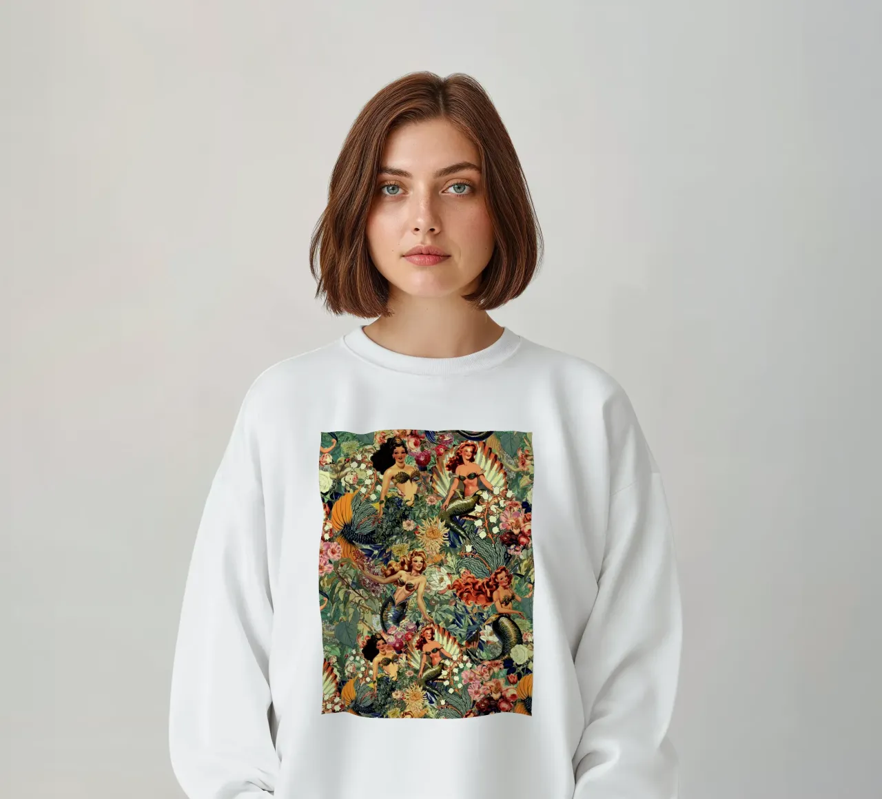 Mermaid and Flowers pattern felpa da burcukorkmazyurek