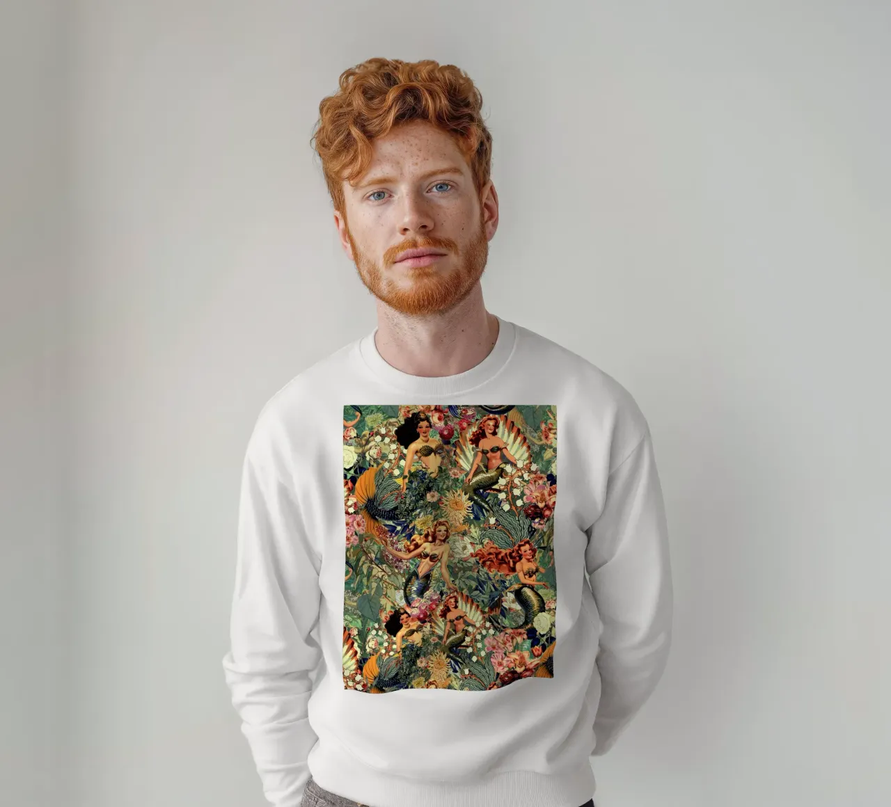 Mermaid and Flowers pattern sweatshirt by burcukorkmazyurek