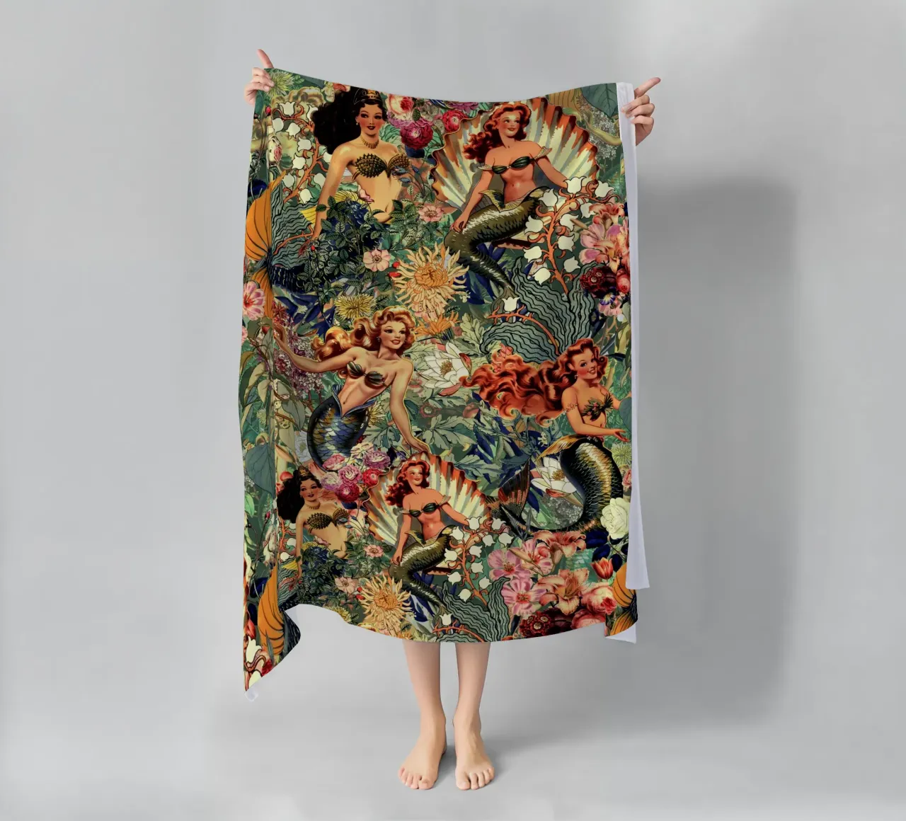 Mermaid and Flowers pattern telo mare da burcukorkmazyurek