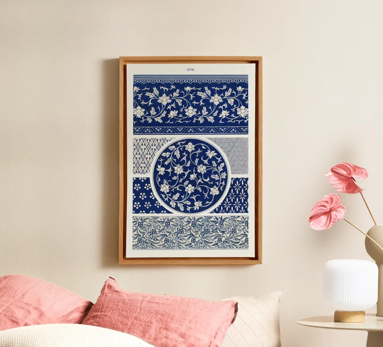 Blue flower pattern tela con Cornice a cassetta da vintageshop