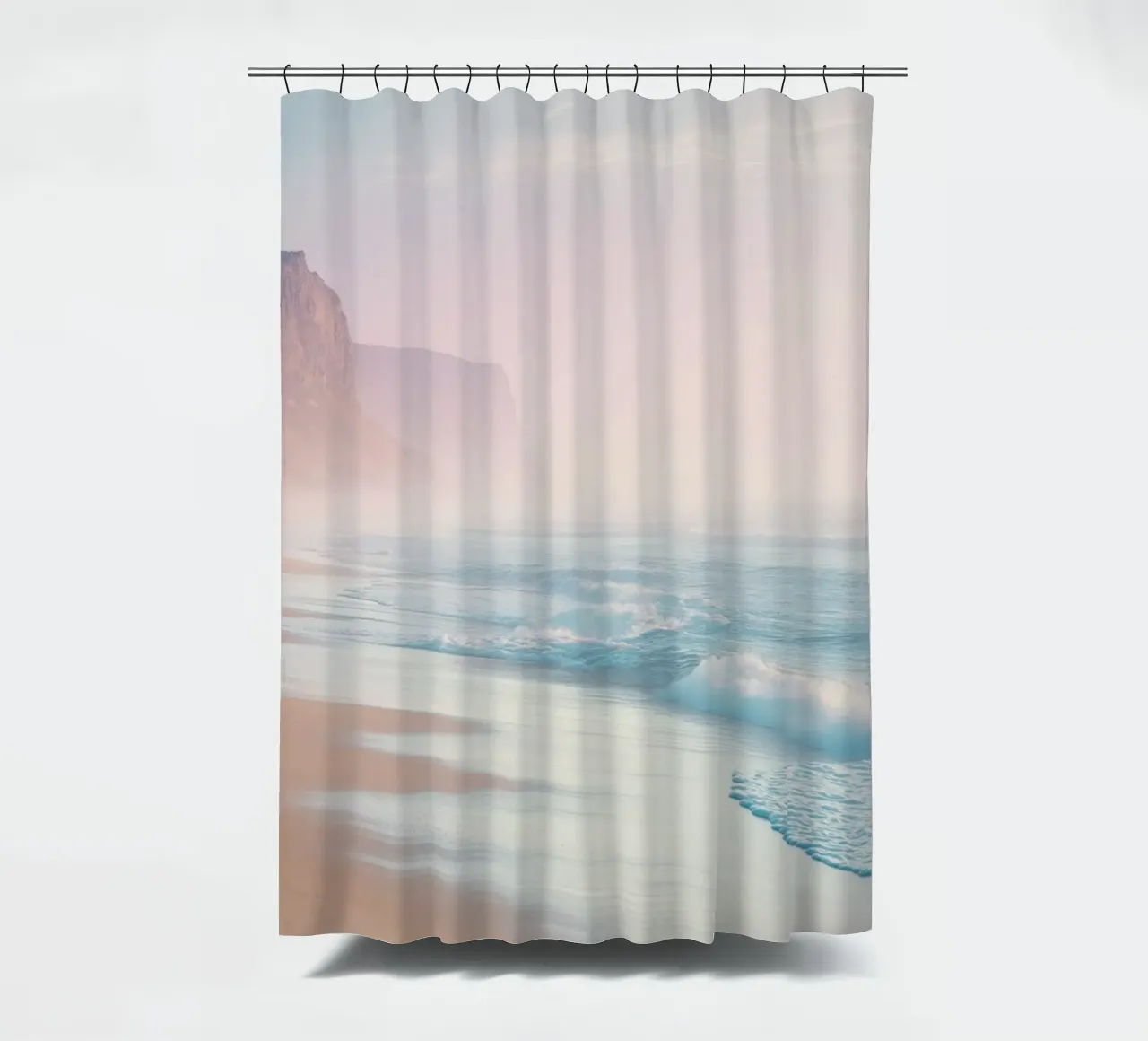 Scogliere costiere e spiaggia al tramonto in colori pastello tenda da doccia da Indigo Tides Art