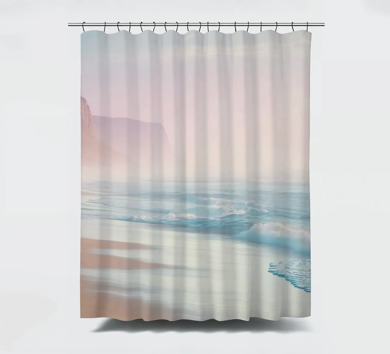 Scogliere costiere e spiaggia al tramonto in colori pastello tenda da doccia da Indigo Tides Art