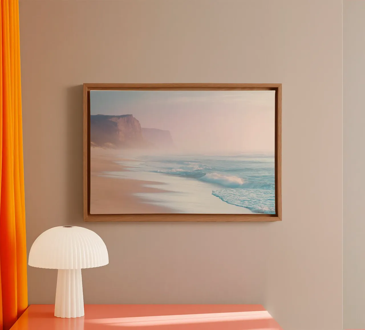 Pastel Zonsondergang Kustkliffen en Strand canvas van Indigo Tides Art