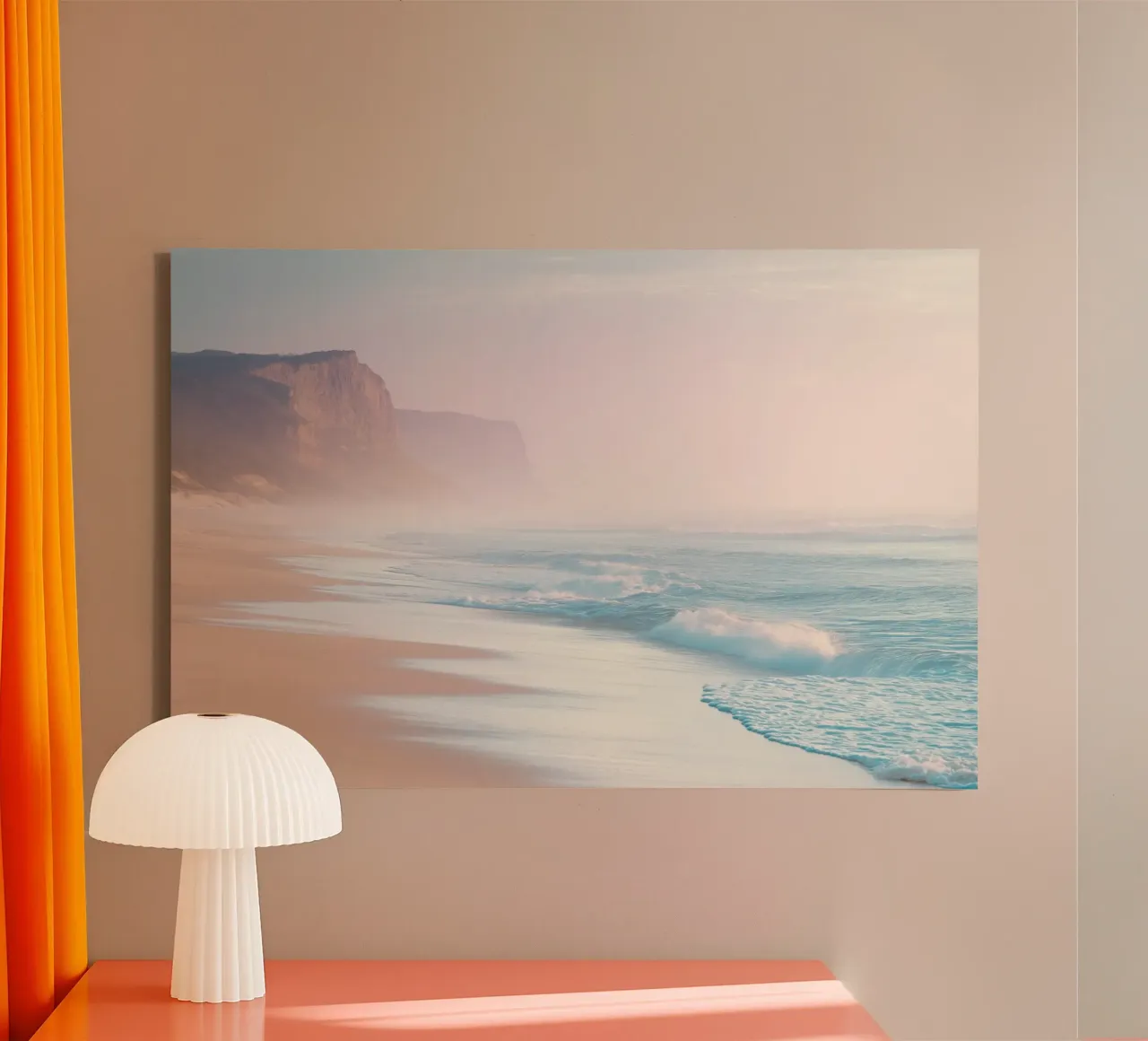 Pastel Zonsondergang Kustkliffen en Strand canvas van Indigo Tides Art