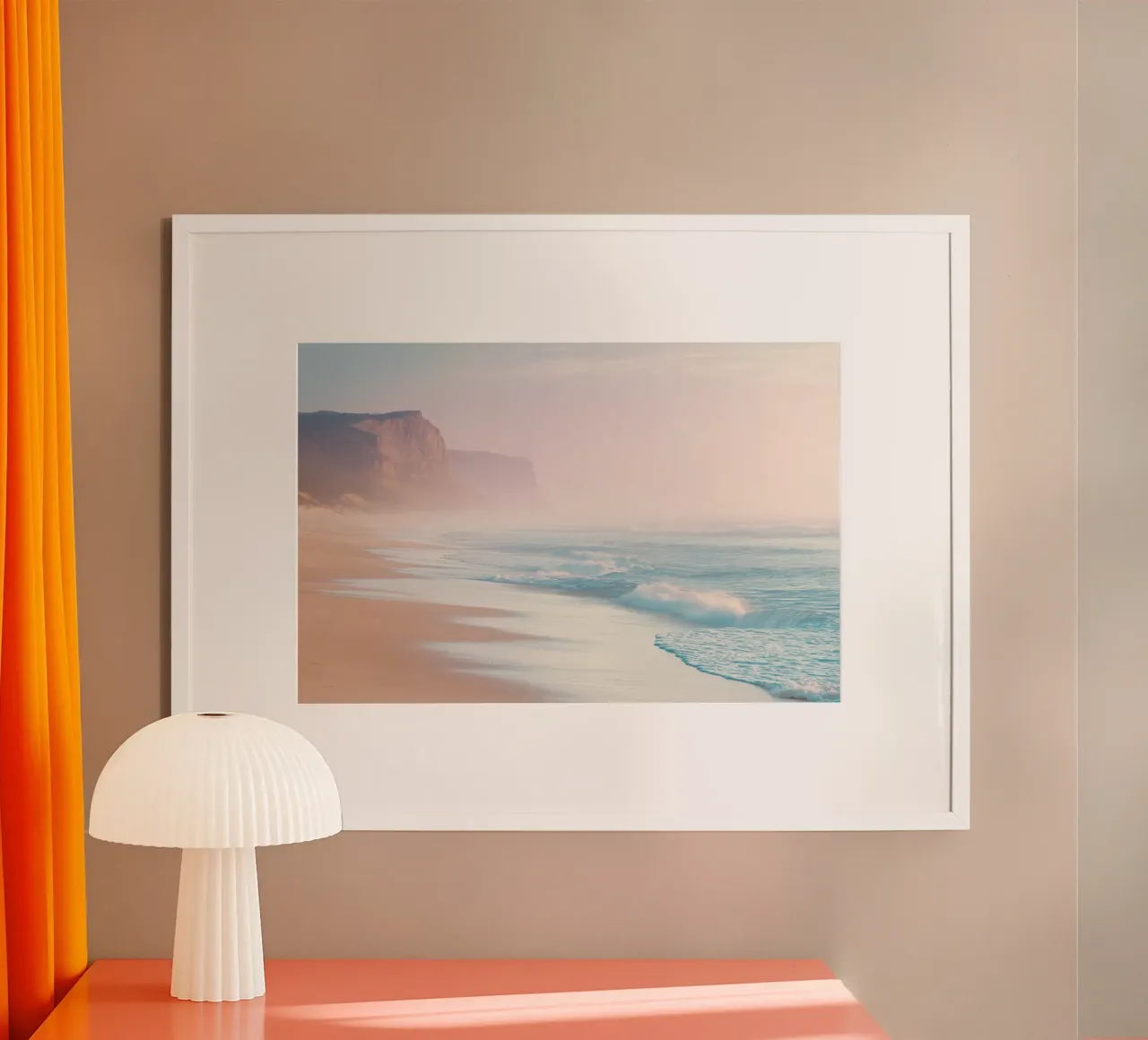 Scogliere costiere e spiaggia al tramonto in colori pastello poster da Indigo Tides Art