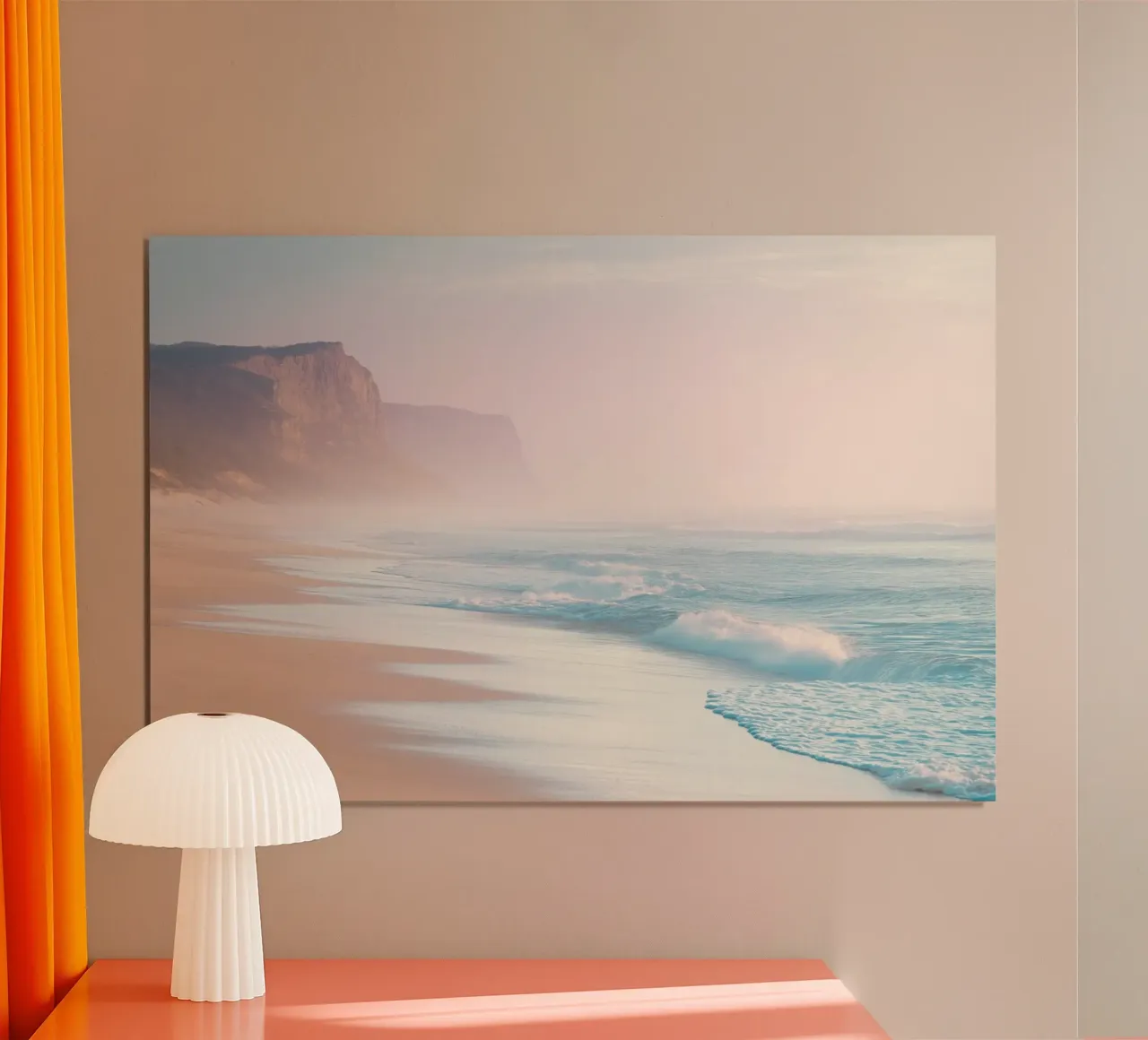 Scogliere costiere e spiaggia al tramonto in colori pastello poster da Indigo Tides Art