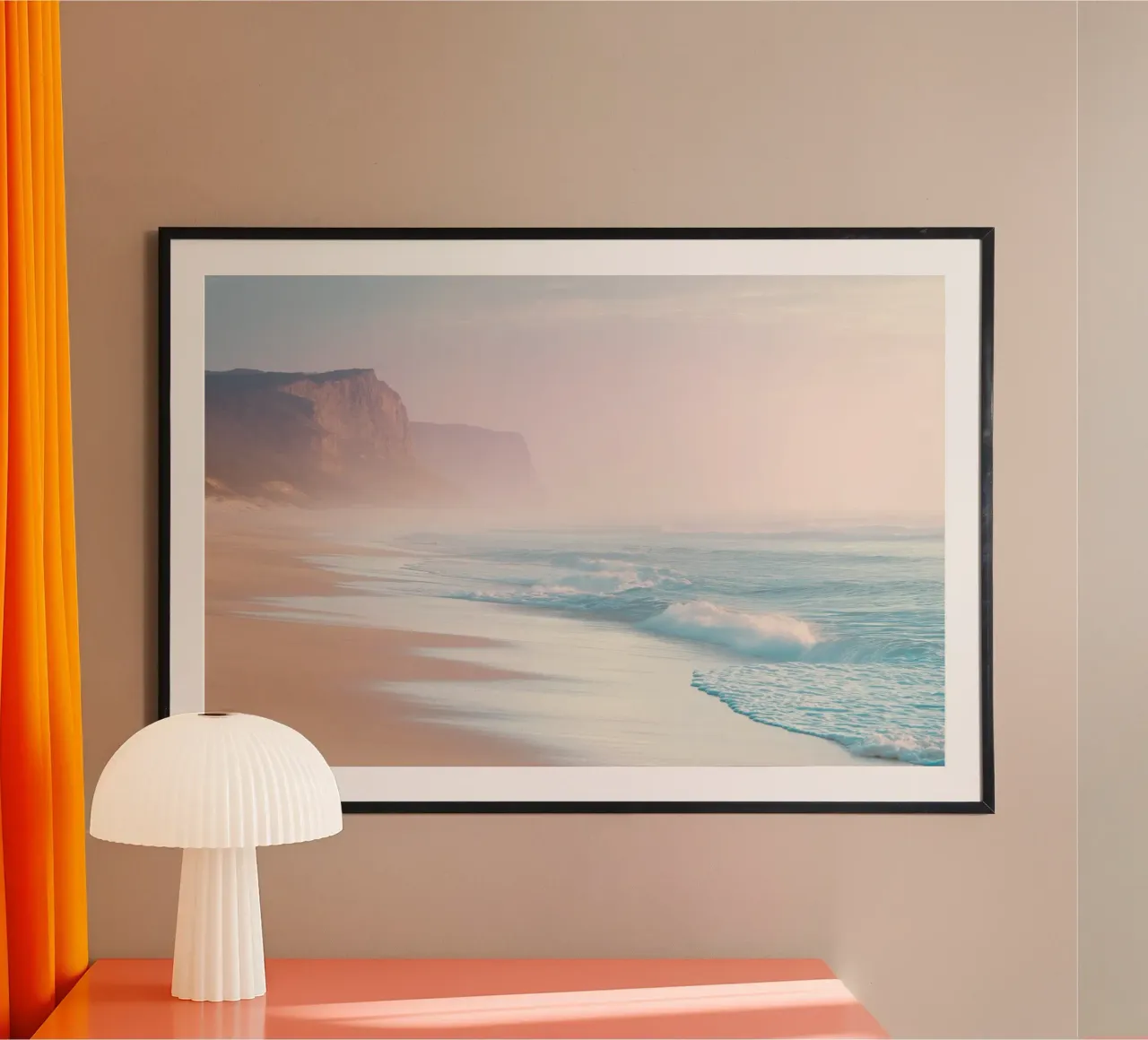 Scogliere costiere e spiaggia al tramonto in colori pastello poster da Indigo Tides Art