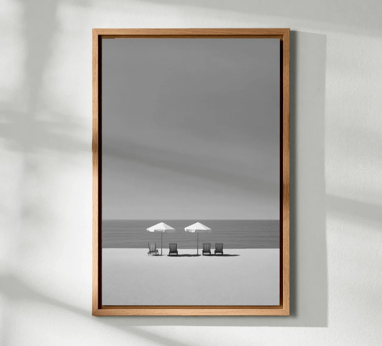 Minimalist Beach Chairs and Umbrellas canvas with Floater frame by Indigo Tides Art