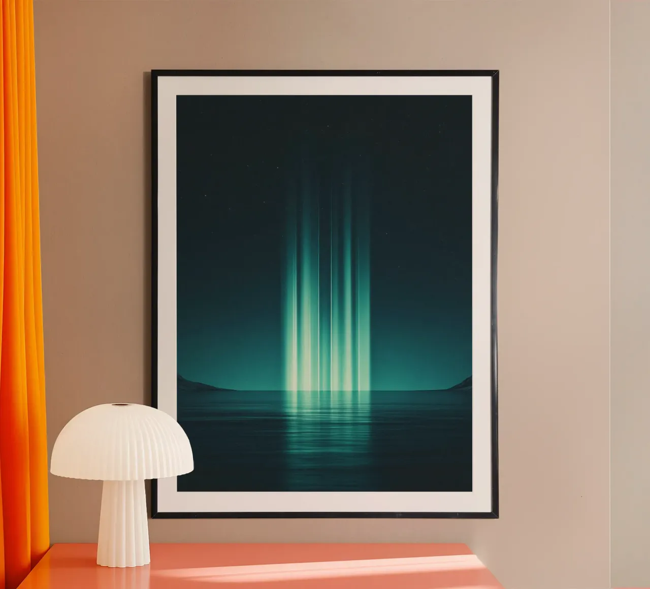 Mystical glow Northern Aurora poster with wooden frame by Katja Stehle Design